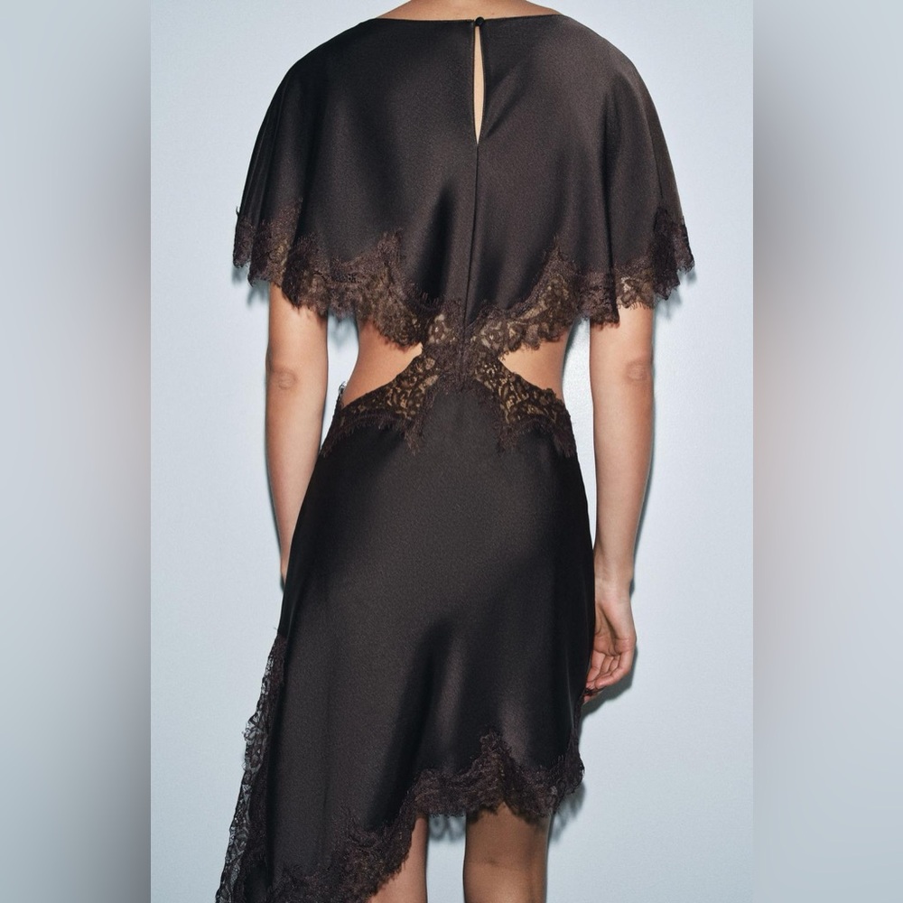 Zara NWT ZW Collection Brown Satin & Lace Cut Out Asymmetric Midi Dress (Large) - Picture 5 of 10